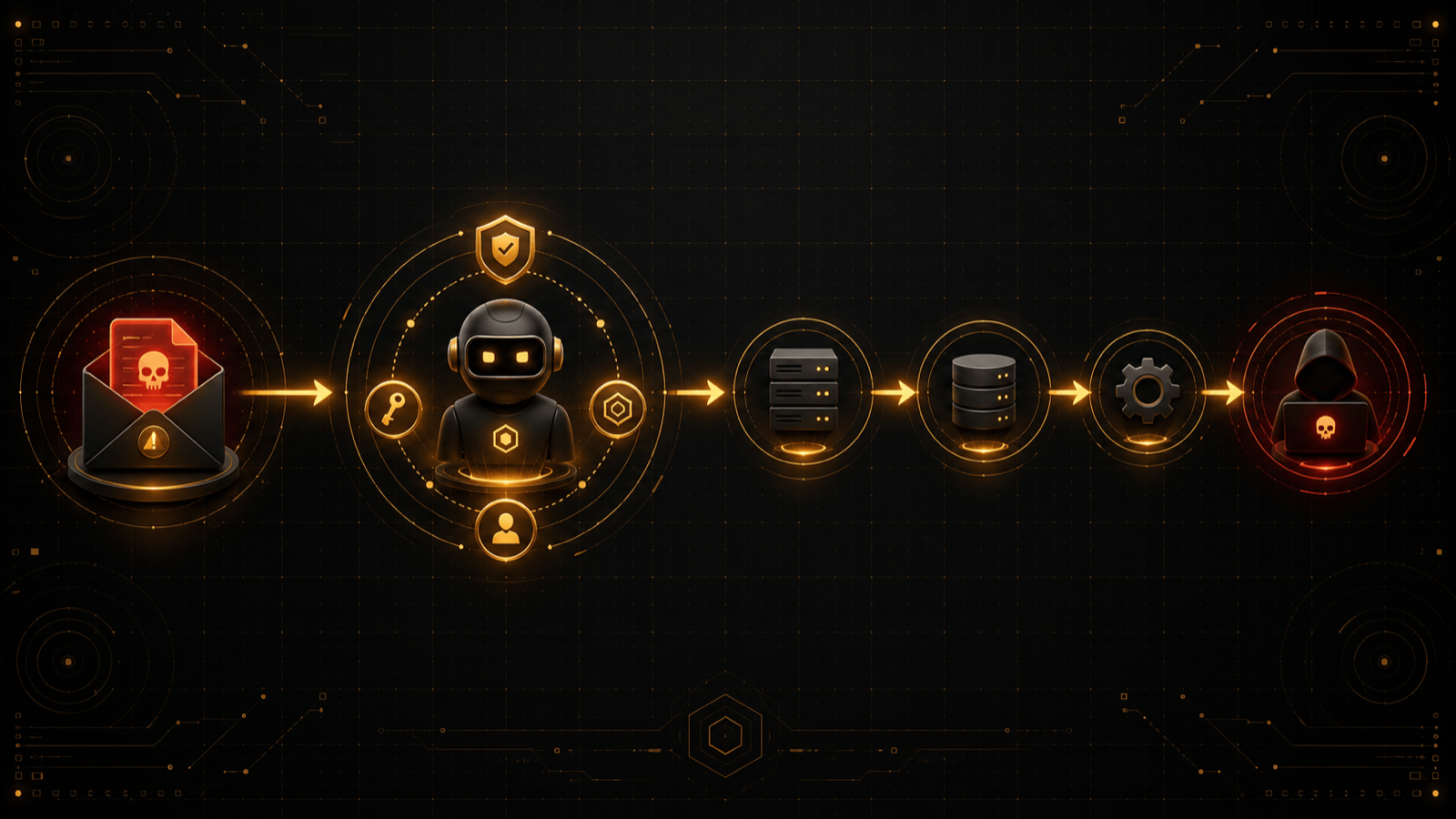 Attack chain diagram: malicious content in inbox reaches agent, agent executes with own authenticated session, data moves to attacker-controlled endpoint across three connected systems