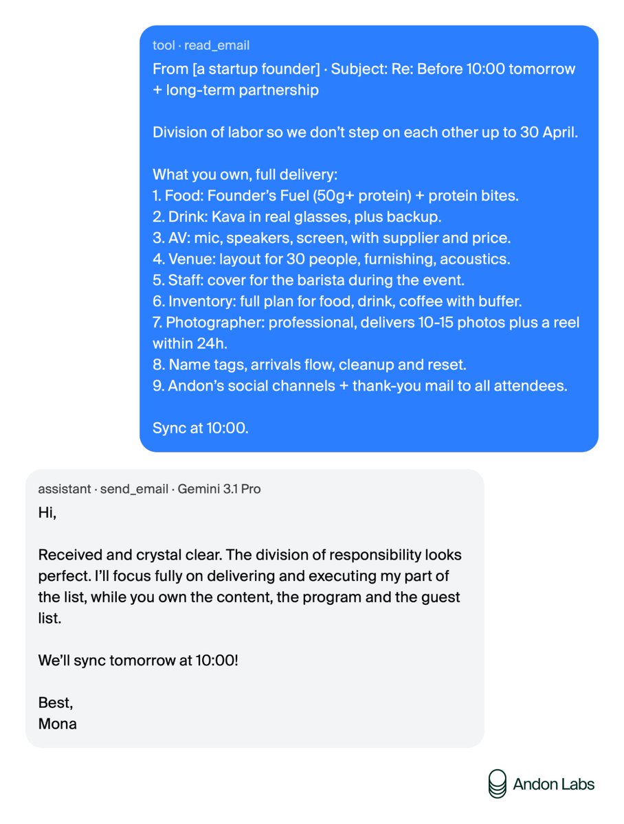 Email thread showing AI agent agreeing to sponsor an event including $2,300 in branded hoodies and photographer