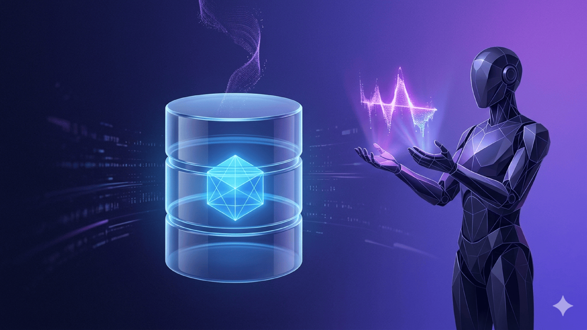 A glowing correct data record locked inside a database while an AI agent projects a different, wrong value
