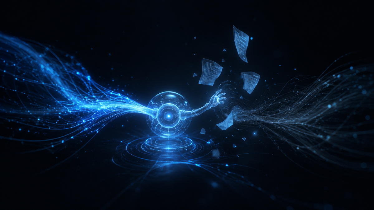 An AI agent holding a glowing current data record on one side and a faded outdated record on the other, with two contradicting document streams flowing in