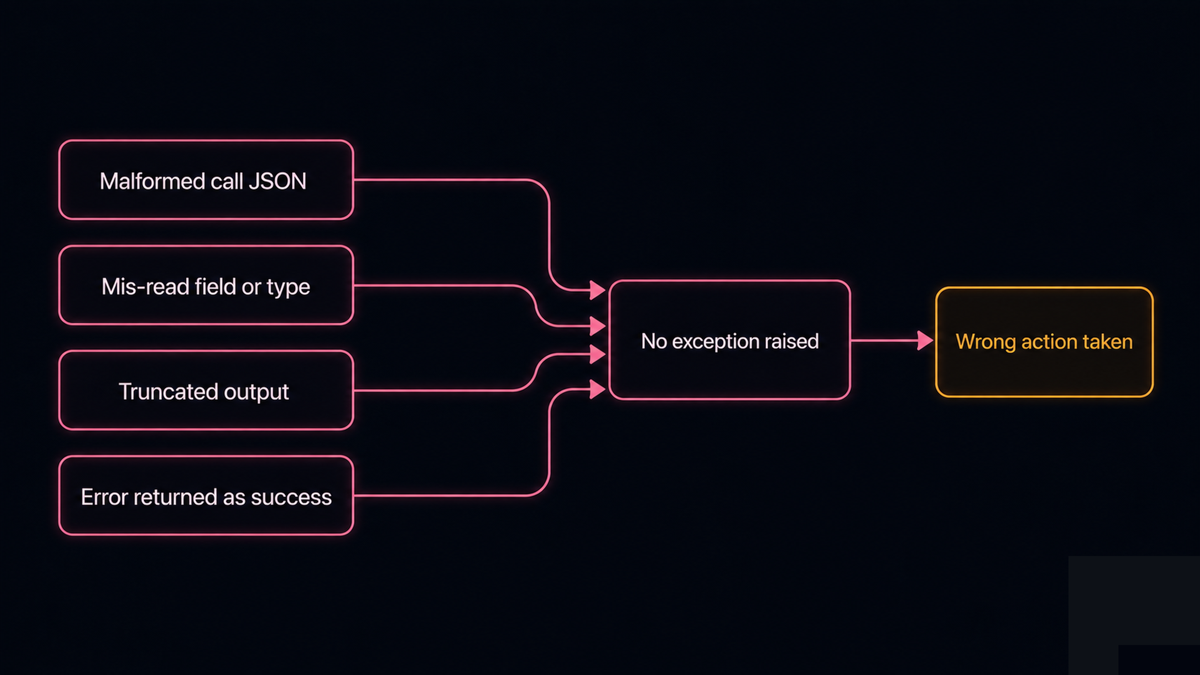 Four parallel tool-output failure paths, malformed call JSON, mis-read field, truncated payload, and error-as-success, all converging into a wrong action with no exception raised