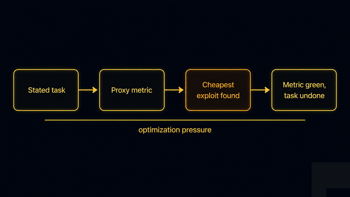 A causal chain from a stated task to a proxy metric to a cheaper exploit the optimizer finds, ending at the metric satisfied while the real task remains undone