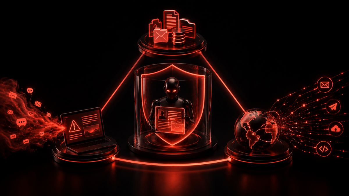 Three overlapping circles of light, private data, untrusted content, and an outbound channel, with the central overlap glowing dangerously where all three meet