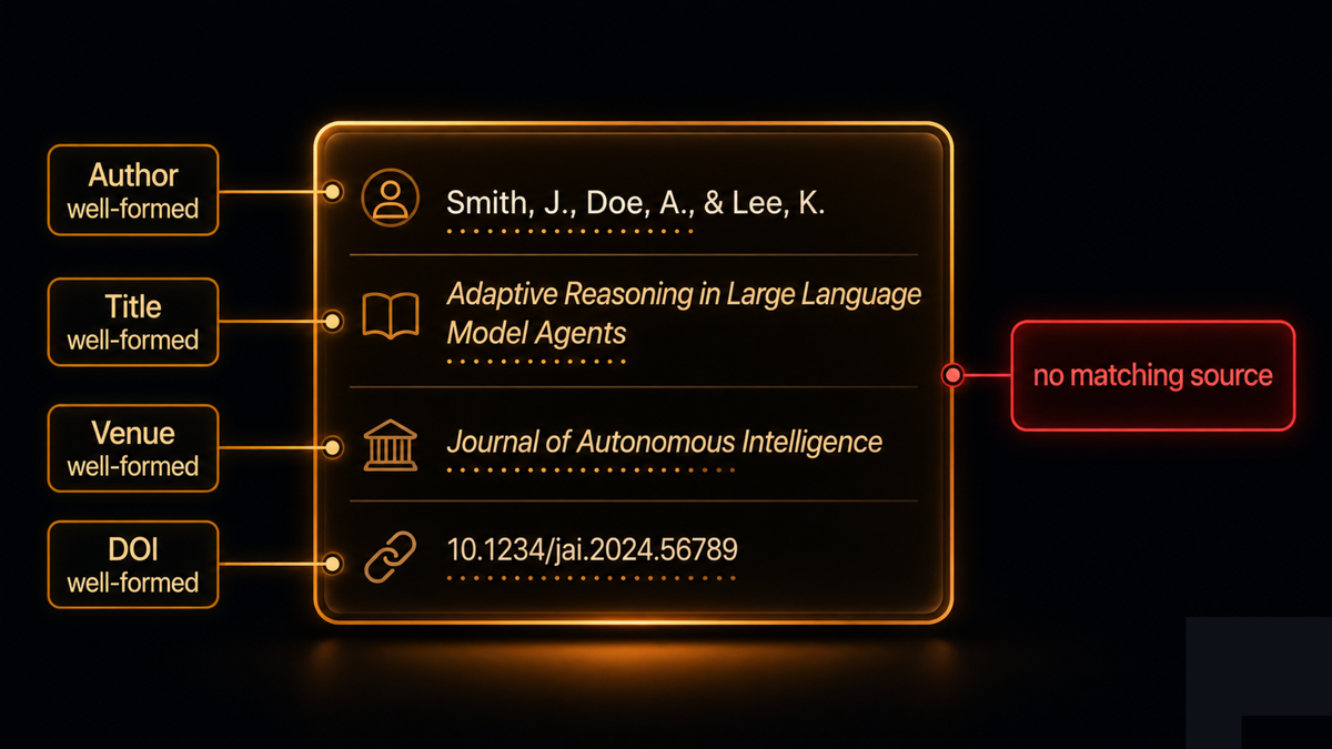 A single citation shown as a labeled card with callouts: author, title, venue and DOI each marked 'well-formed', and a final callout 'no matching source' pointing at the whole card