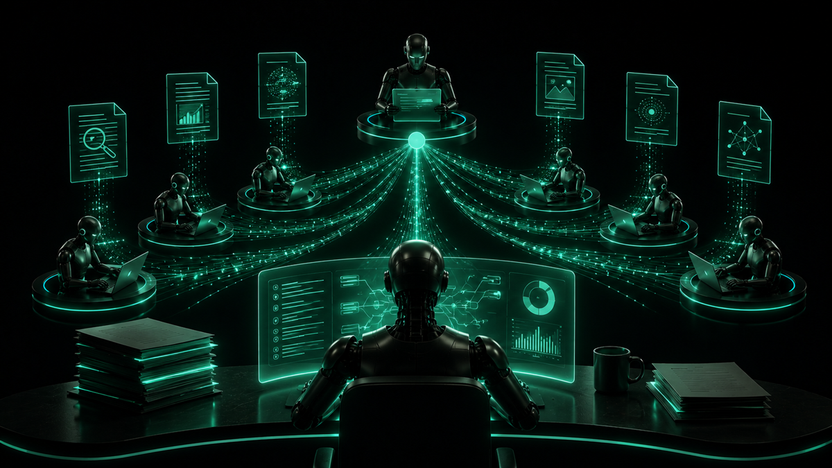 One task at the center splitting into many parallel glowing agent streams, each carrying its own heavy load of tokens, fanning outward and rejoining