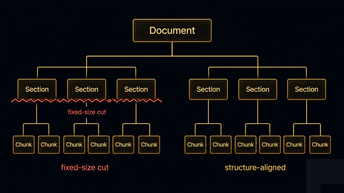A hierarchy tree from a document down to sections to paragraphs to chunks, with one branch showing a fixed-size cut slicing across a section boundary and another showing a clean structure-aligned split
