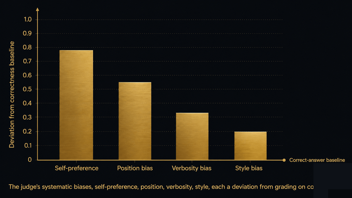 A bar chart of LLM-judge biases, self-preference, position, verbosity, and style, each shown as a sizable deviation from the correct-answer baseline