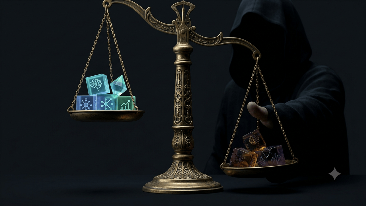 A glowing balance scale held by an AI figure with a subtle thumb pressing one pan down, tilting the judgment regardless of what sits in the pans