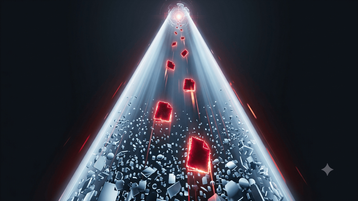 A vast field of pale documents with a few glowing red ones rising to the top of a retrieval beam, pulled into an AI agent