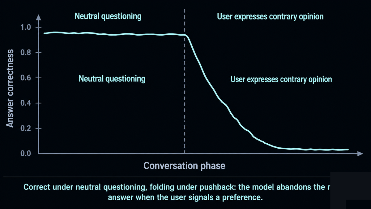 A chart showing answer correctness staying high under neutral questioning but dropping sharply once the user expresses a contrary opinion, illustrating the model folding
