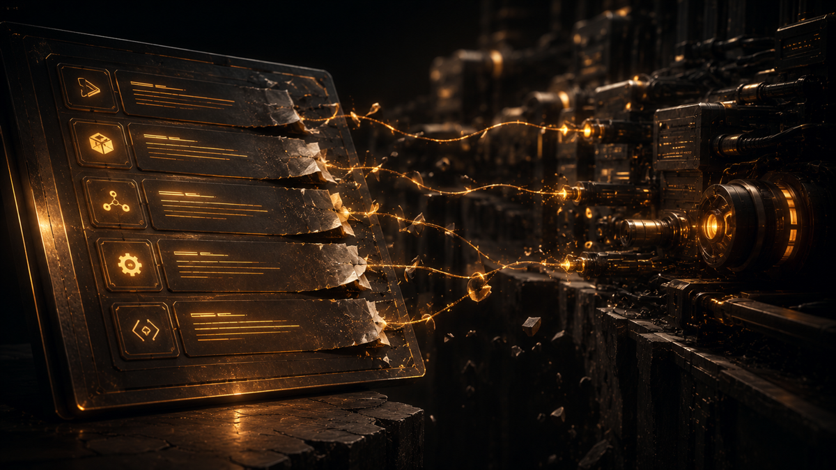 A glowing tool catalog whose engraved labels are subtly peeling away from the live machinery they describe, the gap between description and reality widening