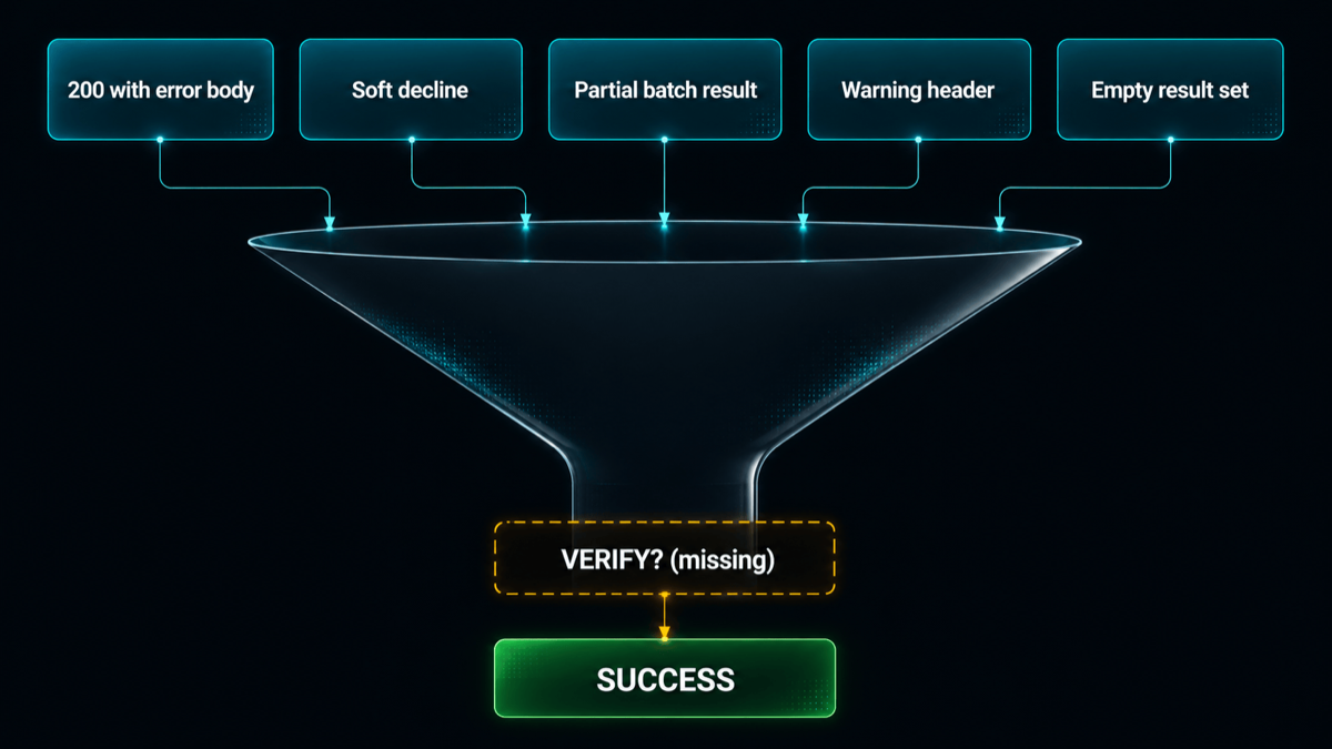 A funnel where five distinct inputs, 200-with-error, warning, partial result, soft decline, empty set, all collapse into a single output box labeled SUCCESS, with a verify gate shown missing in the funnel's neck