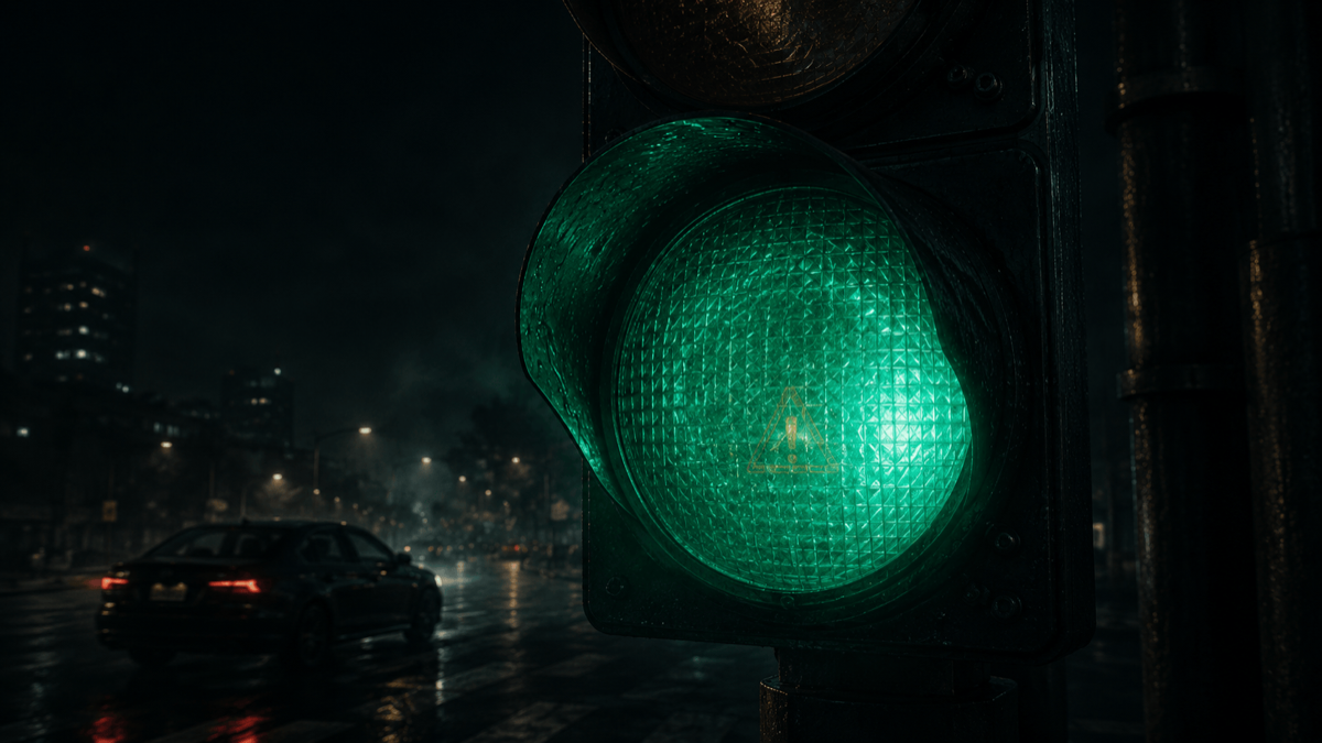 A traffic signal glowing green while, faintly inside the green lens, a small amber warning symbol goes unnoticed by the figure driving through