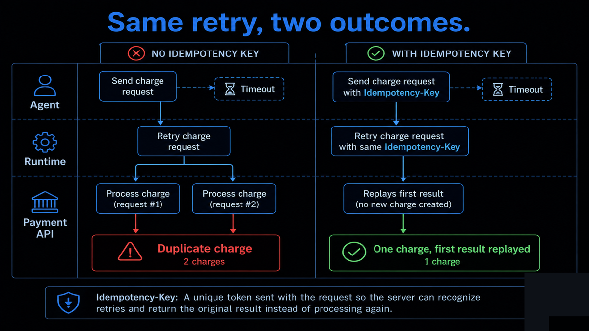 A swimlane diagram with three lanes, agent, runtime, payment API; on the left a timeout triggers a retry that produces two charges; on the right the same flow carries an idempotency key and the API returns the first result, producing one charge