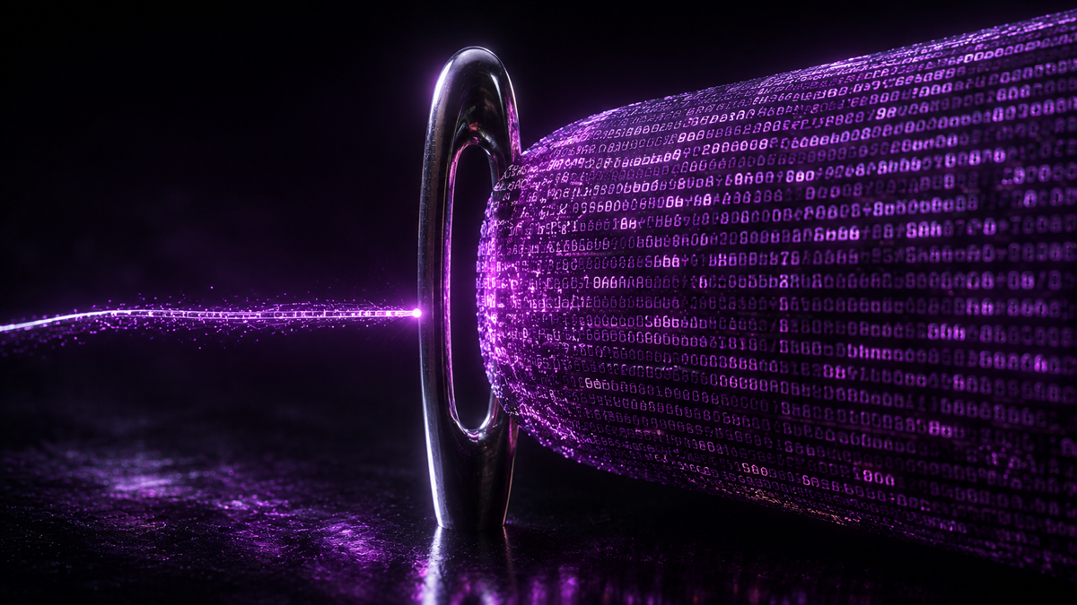 A small clean idea threading through a needle's eye while an enormous swollen block of encoded characters jams against the same opening, unable to pass