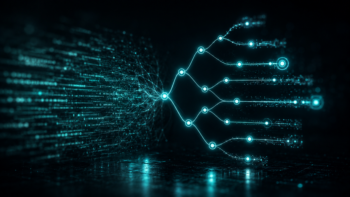 A branching tree of luminous spans where one branch is highlighted, its attributes legible, while the surrounding raw log lines fade into an unreadable blur
