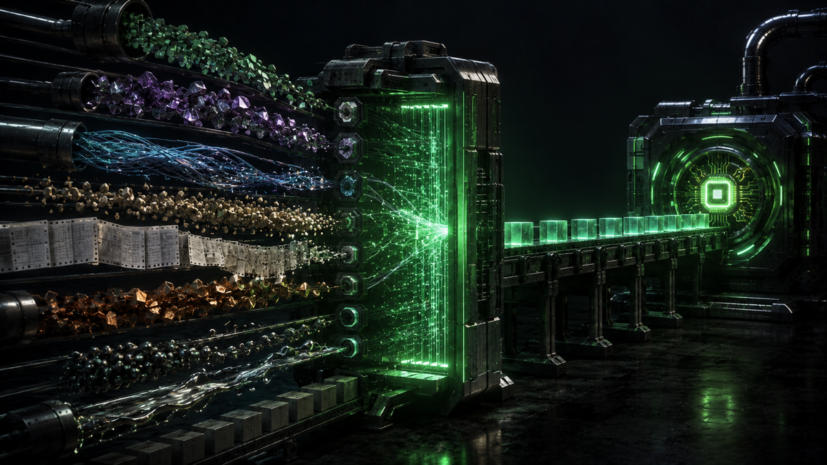 A single clean conveyor belt feeding into an AI core, while a dozen incoming supplier feeds arrive in mismatched shapes and formats, some jammed, some leaking fields, before a normalizing gate