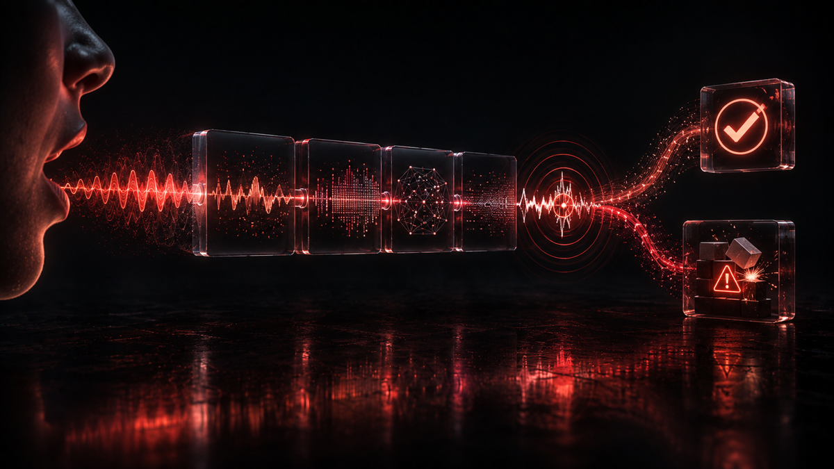 A spoken waveform entering a pipeline and arriving subtly distorted, a single altered syllable rippling forward and changing the action at the far end of the chain