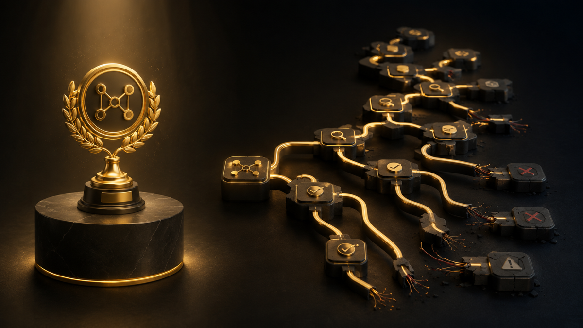 A polished benchmark trophy on a clean pedestal on one side, and on the other the same model running a long branching production path where several branches fray, the contrast between a single score and sustained reliability