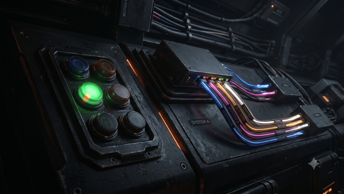A control panel of status lights where one green light hides a small red fault inside it, while nearby a router sends different colored signals down clearly separate, correctly labeled paths