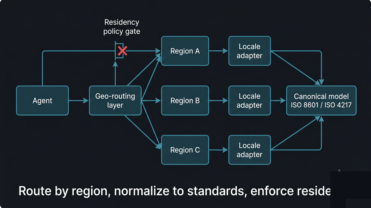 A central agent with a geo-routing layer fanning out to three regional endpoints, each passing through a locale adapter to a canonical model, and a residency policy gate that blocks one cross-border path