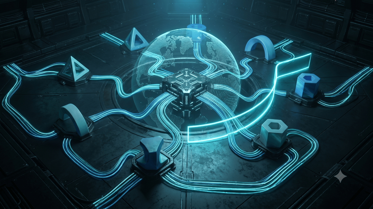 A single agent at the center connected to several regional nodes around a stylized globe, each node a slightly different shape and color, with one connection blocked by a compliance boundary line