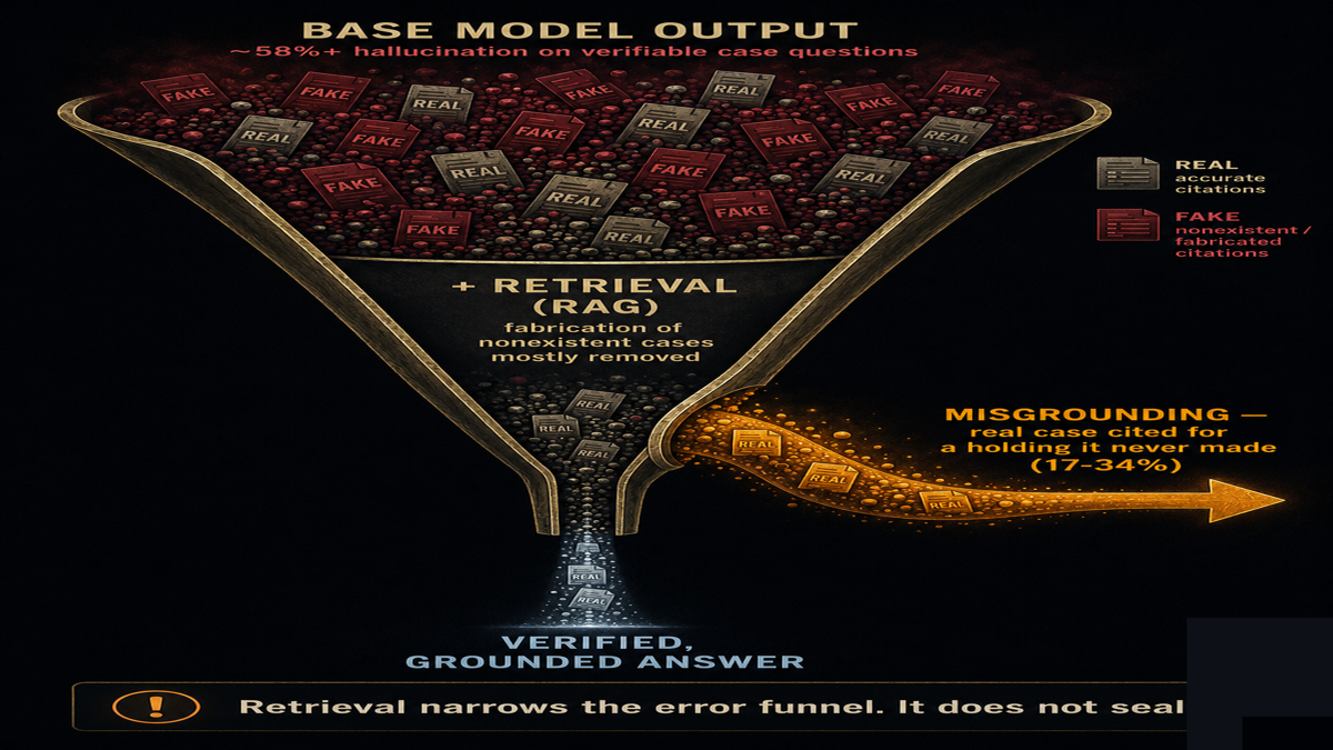 A funnel where raw model output enters with a high fabrication rate, retrieval narrows it, but a labeled misgrounding stream leaks out the side, showing the error rate drops but does not reach zero