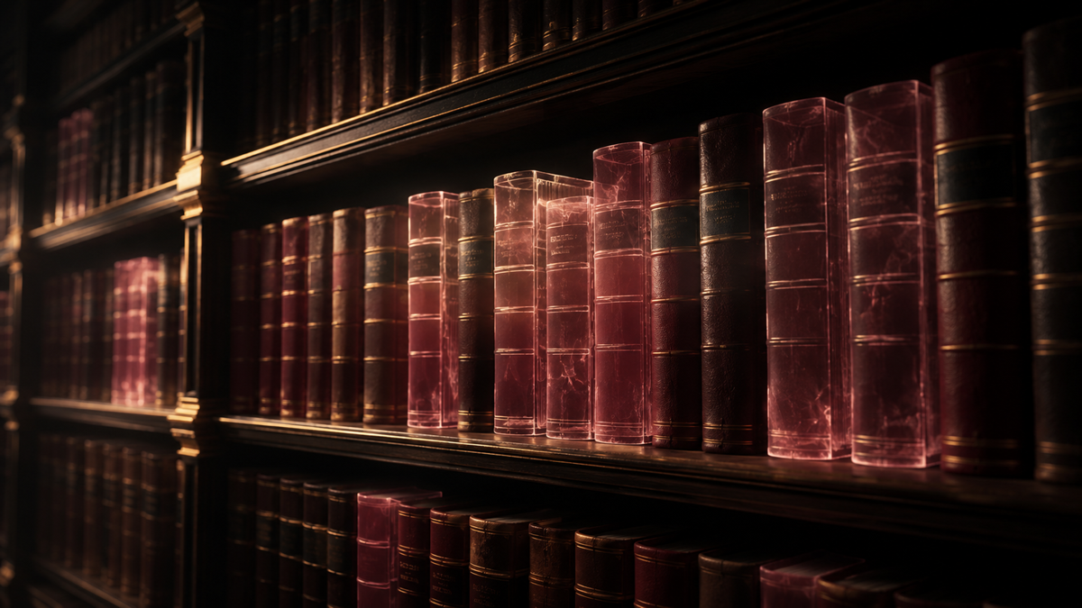 A law library where some volumes glow as solid and real while others flicker as translucent ghosts, suggesting citations that look authoritative but do not hold