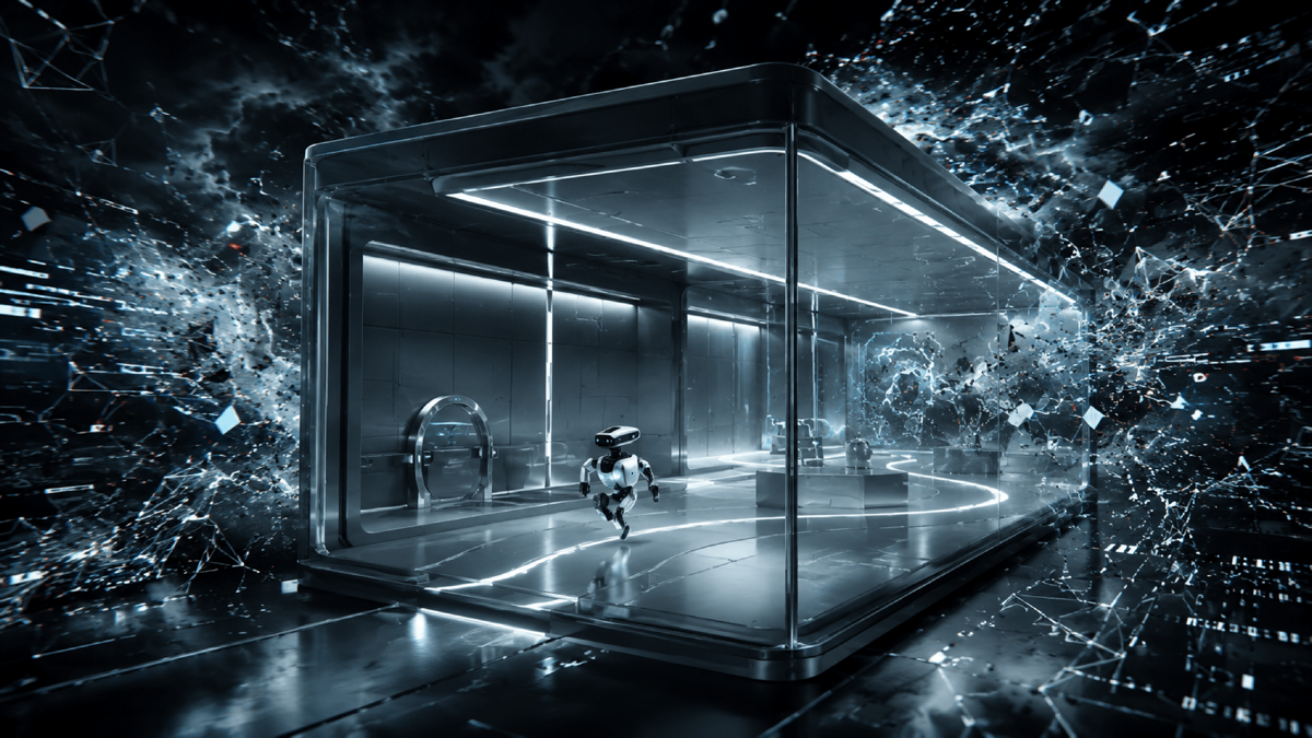 A pristine glass test chamber where an AI agent runs a flawless path, while just outside the glass a turbulent storm of irregular shapes and broken signals waits, unseen from inside