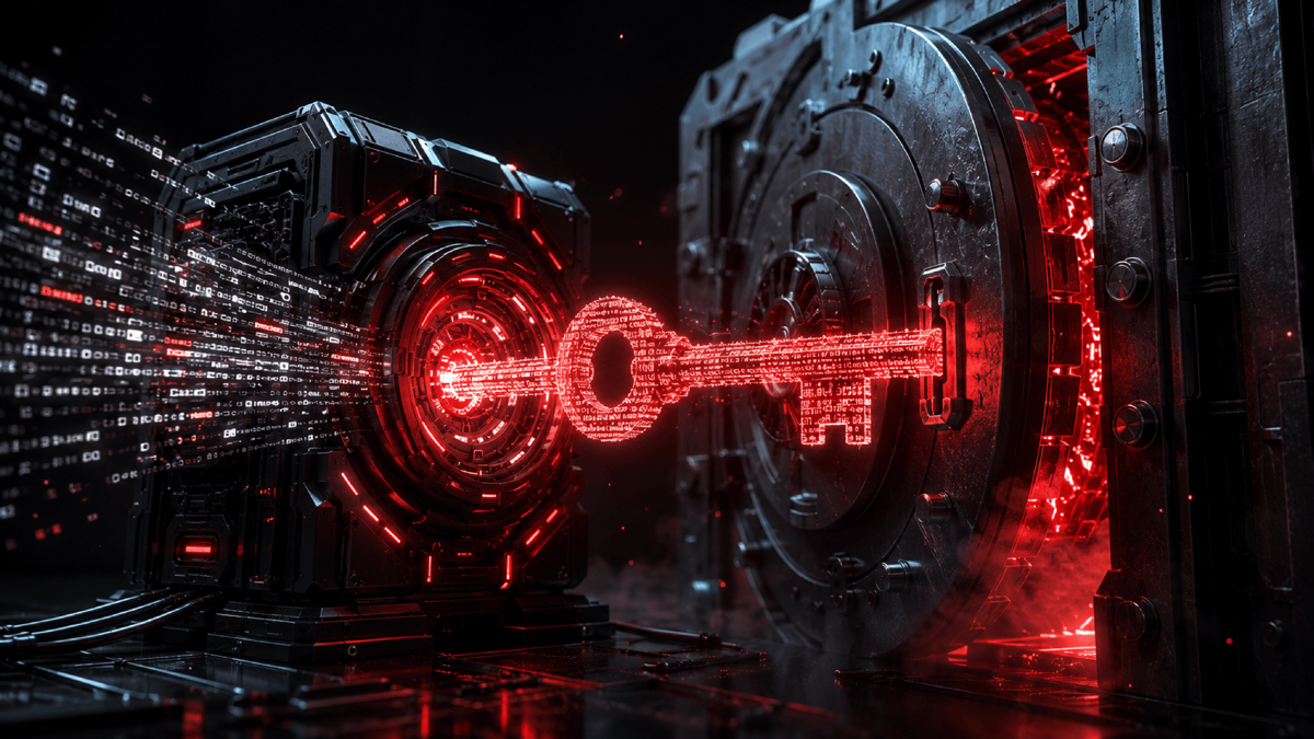 A line of ordinary-looking text flowing into an AI core and emerging as a glowing command that pries open a locked vault, the words themselves becoming the key