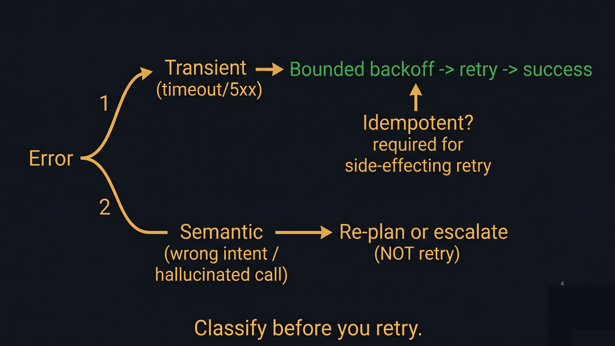 A two-path diagram: a transient error routed to bounded backoff and a successful retry, and a semantic error routed away from retry into re-plan or escalate, with a gate marking idempotency required before any side-effecting retry