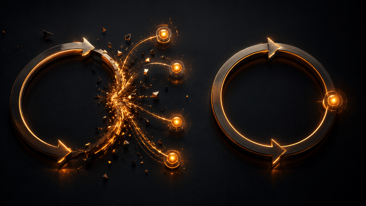 A looping arrow that, instead of returning to the same point, lands somewhere slightly different each pass, while a parallel clean loop returns precisely, contrasting deterministic retry with divergent agent retry