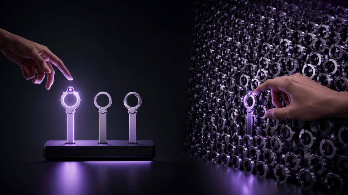 A hand reaching confidently for one clearly lit tool on a small rack, beside an overwhelming wall of hundreds of near-identical tools where the reaching hand hovers uncertainly over the wrong one