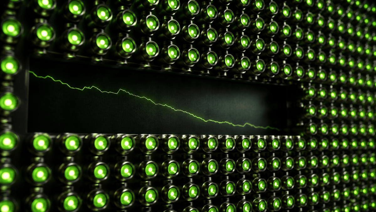 A wall of green status indicators glowing steadily, while behind it a single business metric line bends quietly downward, unnoticed by the green lights in front