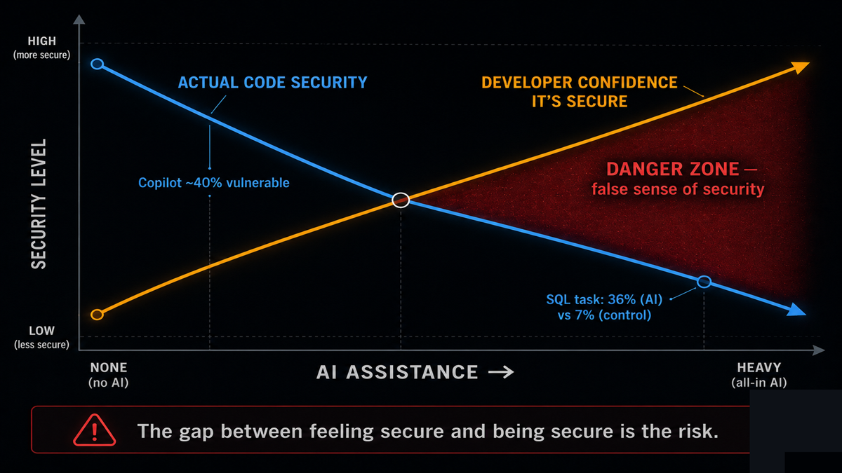 Two lines crossing like scissors: a descending line labeled actual code security and an ascending line labeled developer confidence, with the widening gap between them shaded as the danger zone