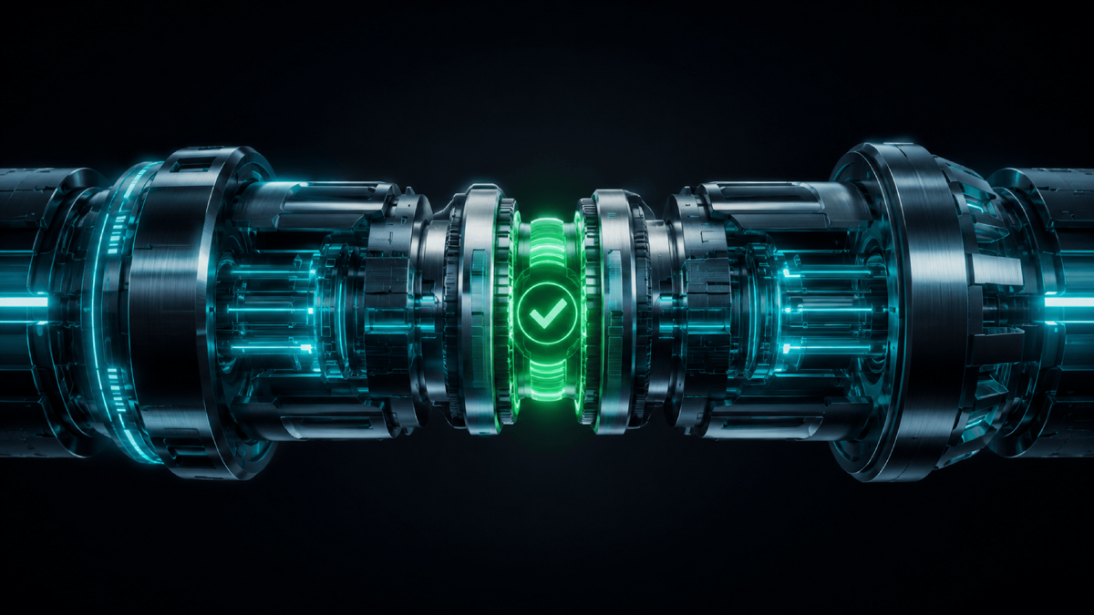 Two precisely interlocking glowing connectors, one from an agent and one from a tool, with a verification seal at the joint that lights green when the shapes match and red when they diverge