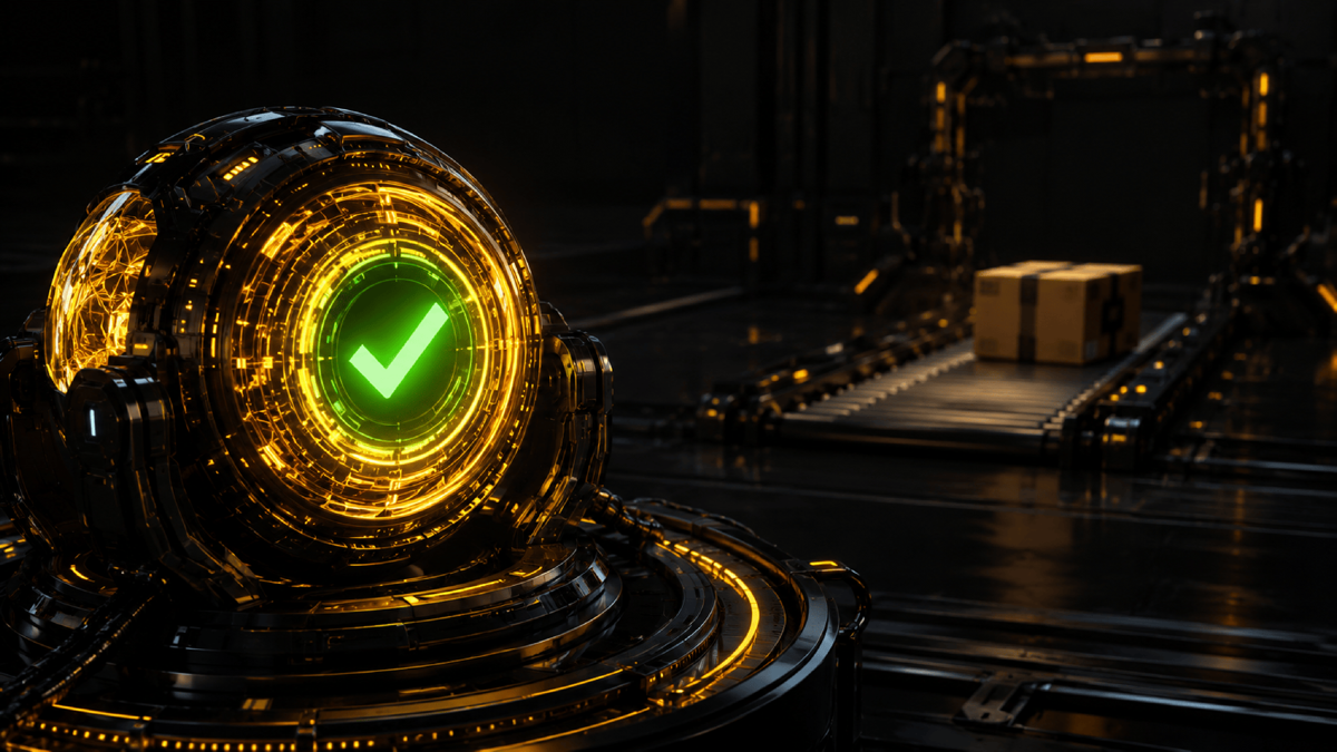 An agent receiving a glowing green checkmark at the front of a system, while far behind it a parcel sits unmoved on a conveyor that has stopped, the acknowledgment and the real outcome separated by distance