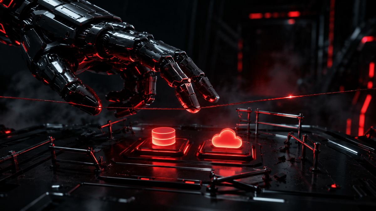 A powerful AI hand poised over two switches labeled by icon only, one a database and one a cloud, with broken or missing guard rails around them and a single thin tripwire that nearly stops it
