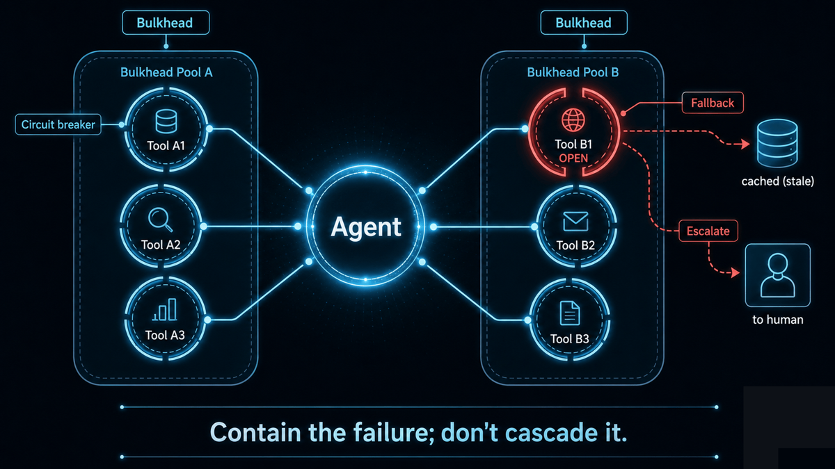 An agent surrounded by resilience layers: each tool wrapped in a circuit breaker, grouped into isolated bulkhead pools, with fallback arrows to alternates or cached data and an escalation arrow to a human, while a tripped breaker on one tool is shown open and contained
