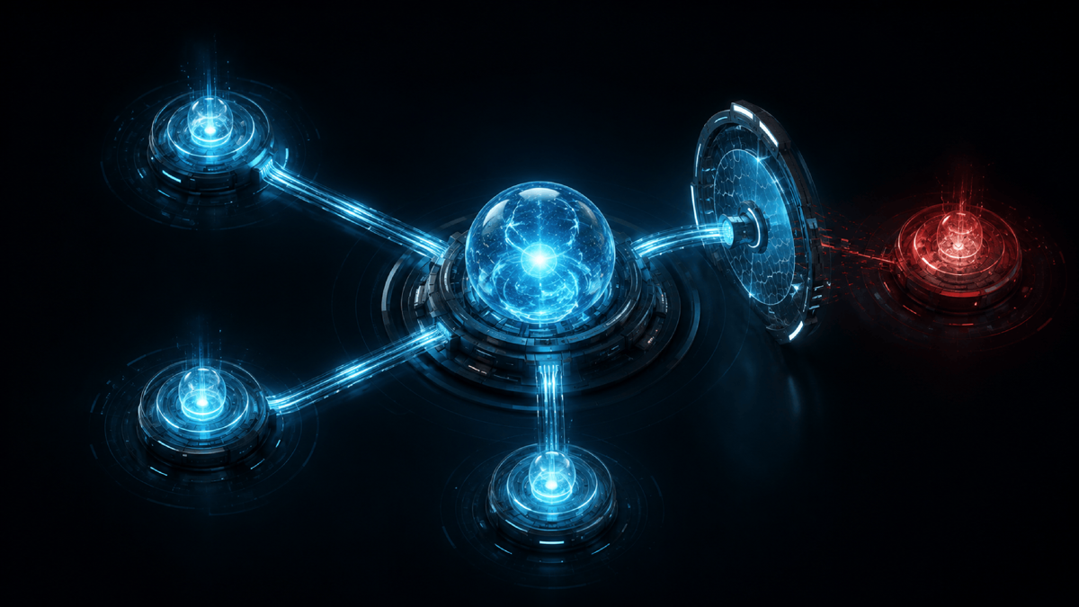 An agent core connected to several tools, where one tool glows red and is sealed off behind a closed gate while the other tools keep running calmly, the failure contained rather than spreading