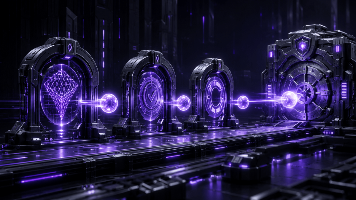 An agent's action passing through a series of glowing gates, one checking scope, one requiring a human handprint, one stamping an audit log, before it reaches a guarded production core