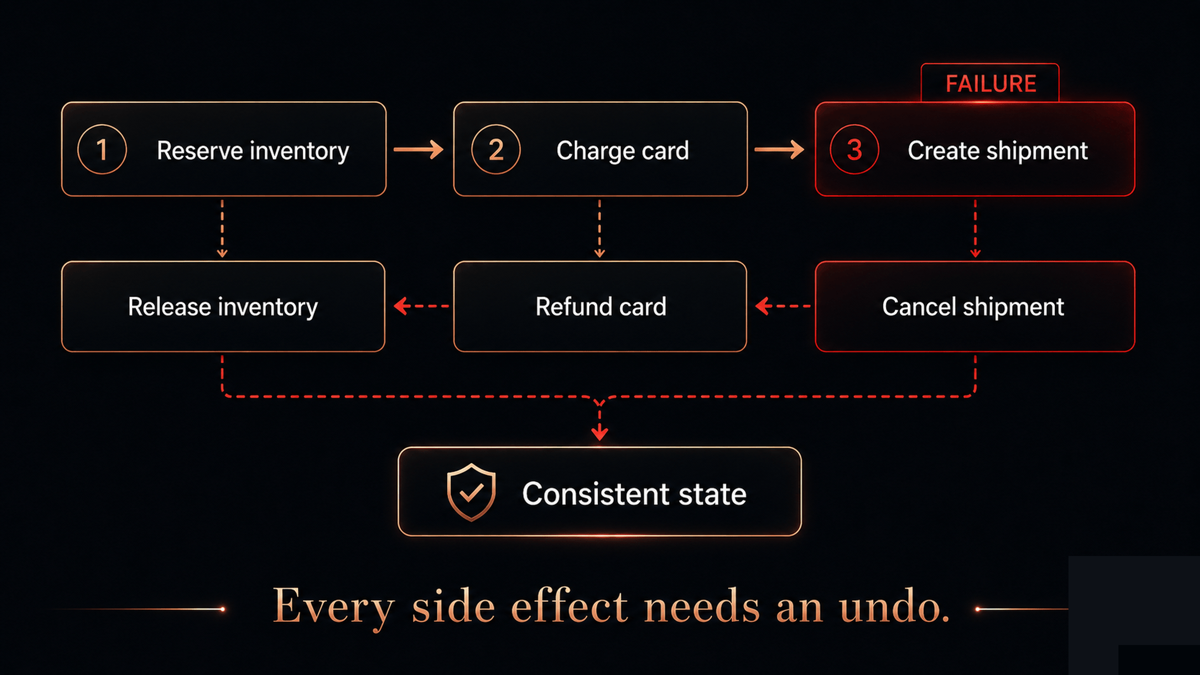 A saga diagram: three forward steps, reserve, charge, ship, each paired with a compensating undo, release, refund, cancel; a failure at the third step triggers the compensations back up the chain to a consistent state