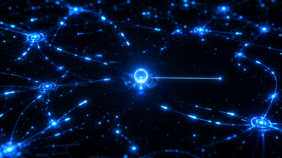 A synchronous agent holding a phone line waiting for an answer, while around it an enterprise hums with events flying between services on their own paths, none of them returning to the waiting agent