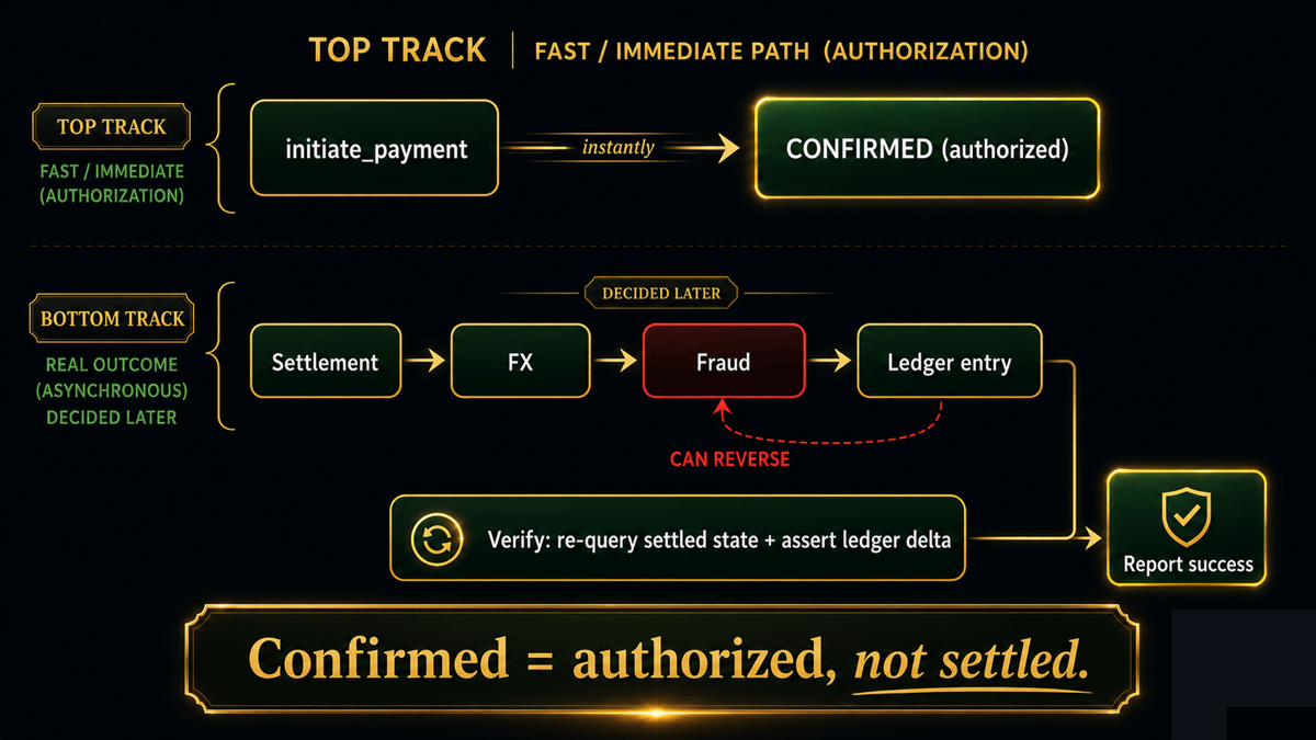 A finance flow: an initiate-payment call returns confirmed (authorized) at the top, while a separate settlement-and-reconciliation track below decides the real outcome later; a verify step queries the settled state and asserts the ledger delta before success is declared