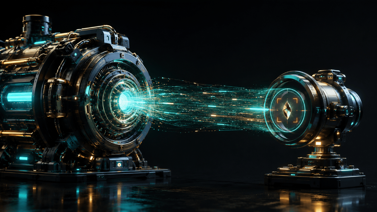 A large, effortful generator engine producing an output that passes through a small, sharp verifier lens which flags a flaw the big engine could not see in its own work