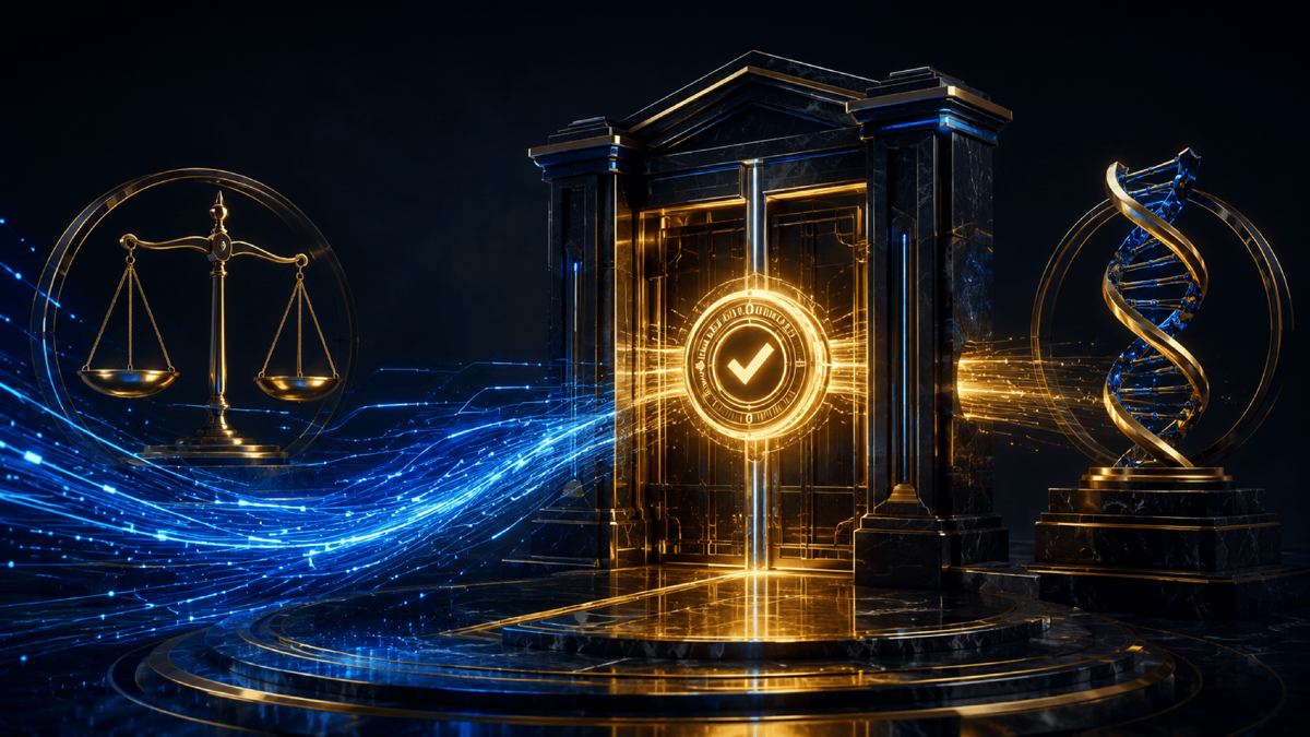 An AI output passing beneath the scales of justice and a medical caduceus, held back by a verification checkpoint and a human signature before it is allowed to proceed, with an audit ledger recording the passage