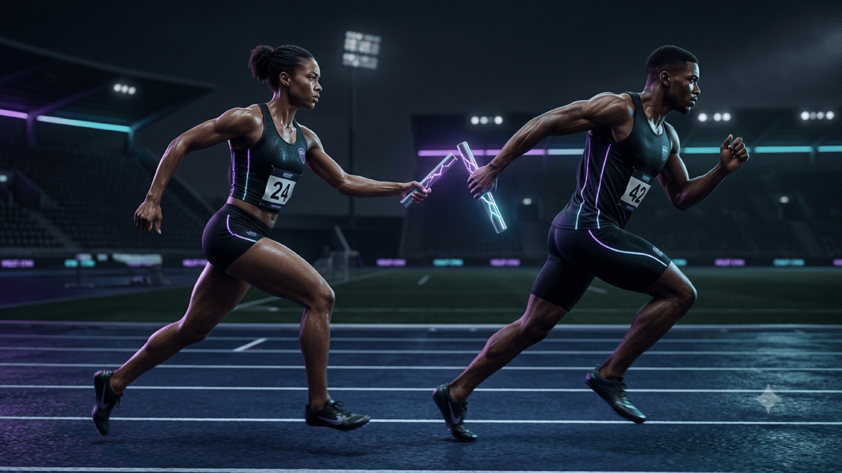 A relay race where one runner passes a baton that is subtly cracked, and each successive runner grips it more confidently as the crack widens, none of them inspecting the baton at the handoff