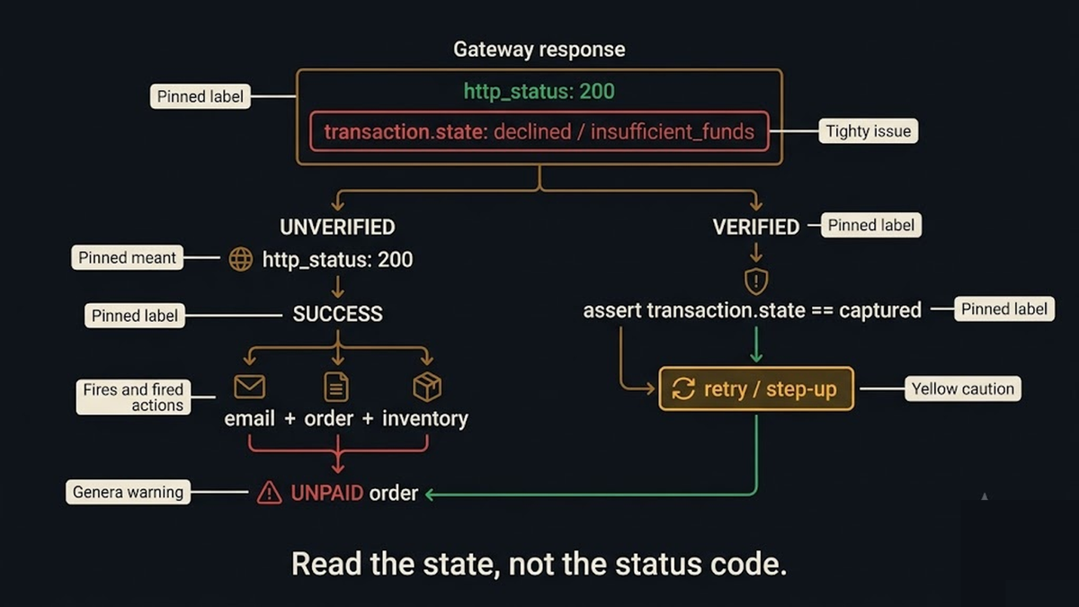 A decision path: a gateway response with http_status 200 but a nested declined state; the unverified path reads 200 and fires order, email, inventory on an unpaid order; the verified path asserts transaction.state, routes the soft decline to retry or step-up, and only proceeds on captured