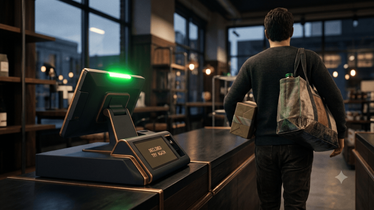 A checkout register flashing a green approved light to a departing customer carrying goods, while the payment terminal beneath quietly shows a declined, try-again message that no one read