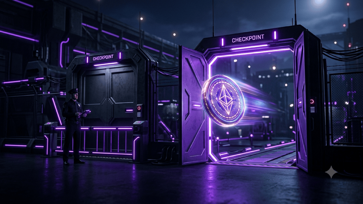 A high-stakes action approaching a checkpoint gate with a human reviewer; on one side the gate is firmly closed and staffed, on the other an identical gate stands propped open and unattended, the action sailing through